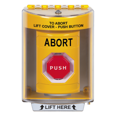 Botón de Abortar, Texto en Ingles, Tapa Protectora de Policarbonato Súper Resistente, Momentaneo