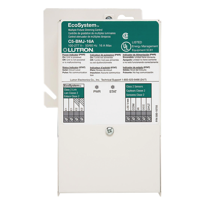 Módulo de atenuación EcoSystem de 16 A para balastros Lutron de 3 hilos Eco-10 y Hi-lume, entrada universal de 100 a 277 V, con soporte para sensores y control personal