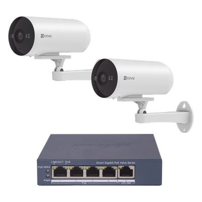 Kit de cámaras PoE Para Uso en Exterior / PoE Estandar Af / 2 piezas CS-H5/3MP/ 1 Pieza de Switch DS-3E1505P-EI/M / Vision Nocturna a Color / IP67 / Audio Bidireccional / Luz y Sirena / 4 Puertos 1000 Mbps PoE+ / 1 Puerto 1000 Mbps Uplink
