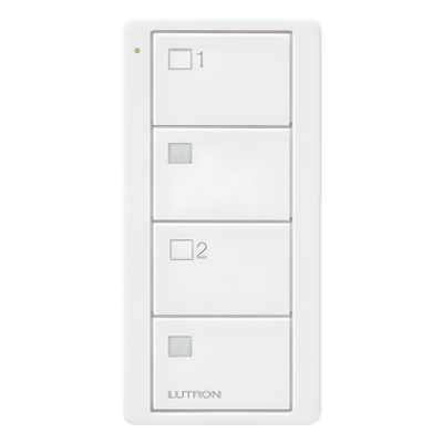 Control Pico inalámbrico de 4 botones para 2 grupos de cortinas o persianas con apertura y cierre por grupo, batería CR2032 de hasta 10 años, color blanco brillante