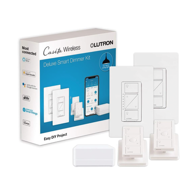 Kit de inicio de iluminación inteligente con hub Smart Bridge, 2 atenuadores de pared sin neutro, 2 controles Pico con pedestal de mesa y 2 placas, Caseta Wireless