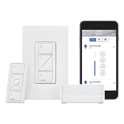 Kit de inicio Caseta Wireless con hub Smart Bridge Pro, atenuador de pared de 120 V, control remoto Pico y placa Claro, compatible con Apple HomeKit, Alexa y Google Assistant