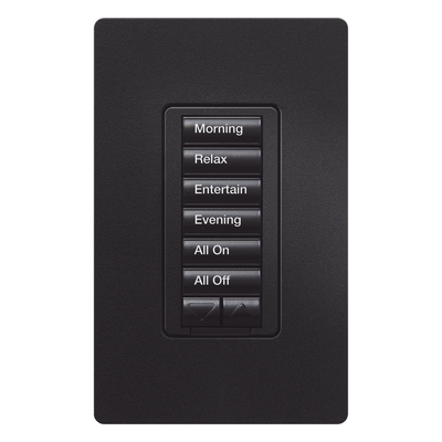 Teclado de pared seeTouch de 6 botones más subir y bajar, retroiluminado, para control de luces y cortinas por escenas en sistemas RadioRA 2, color negro