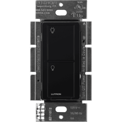 Interruptor de pared inalámbrico on/off de 2 botones, 5 A para LED/CFL, voltaje dual 120/277 V sin cable neutro, compatible con control Pico y sensores Radio Powr Savr