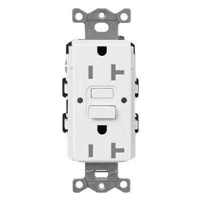 Receptáculo dúplex GFCI autocomprobante de 15 A y 125 V, resistente a manipulaciones, con LED indicador de estado, acabado satinado color Snow