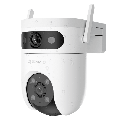 Cámara IP WiFi 6 (2.4 GHz y 5 GHz) PT Dual-Lente  / 2K (3mp + 3mp) / Visión Nocturna Color Hasta 40m / Detección IA Humano-Vehículo / Seguimiento Automático / Defensa Activa con Sirena y Luz Estroboscópica 
