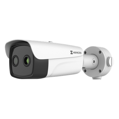(HIKMICRO) Bala IP Bi-espectral / Térmica (384 X 288 / 9.7 mm) + Óptica (4 MP / 6.4 mm) / IA GUANLAN / Rango: -20°C a 650°C / 2°C Margen / Detección de Fuego y Humo / Alarma Visual y Audible / Dual Light / PoE / IP67 / Ant