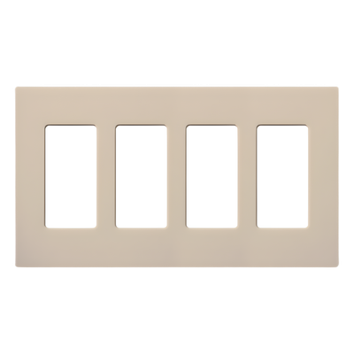 Placa de pared de 4 espacios sin tornillos visibles, acabado satinado color Taupe, para atenuadores y controles Lutron con apertura tipo designer como Maestro y Diva
