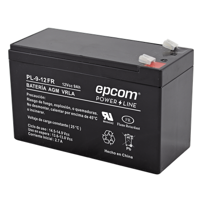 Batería 12 Vcc / 9 Ah / UL / Tecnología AGM-VRLA / Retardante a la flama / Para uso en equipo electrónico Alarmas de intrusión / Incendio/ Control de acceso / Video Vigilancia / Terminales tipo F1 / Cargador recomendado CHR-80.