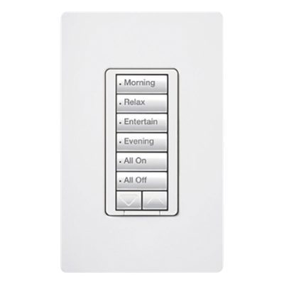 Teclado híbrido RadioRA 2 de 6 botones con subir/bajar y atenuador integrado de 450 W/450 VA para incandescente, halógeno y bajo voltaje magnético, 120 V, color blanco
