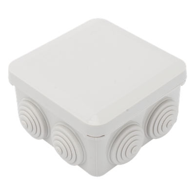 Caja Estanca, Derivación, Conexión de Plástico (89 X 89 X 50 mm) con 7 Glándulas de Goma. Para Instalaciones Comerciales,  Residenciales e Industriales. Cerrado a Presión. 
