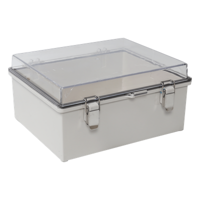 Gabinete Plástico ABS, Puerta Transparente, Uso en Intemperie (300 x 300 x 180 mm) Cierre por Broches Inoxidables y Permite Cerrado con Candado y Llave (Perno 5mm) No Incluido