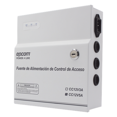 Fuente de Poder / 1 Salida 11-15 Vcc /  5 A / Temporizador Integrado / Con Capacidad de Batería de Respaldo / Requiere Batería / Aplicaciones en sistemas de control de Acceso 