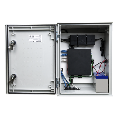 KIT de Gabinete de Poliéster (300 x 400 x 200 mm) + Controlador de Carga con Switch PoE (5) + Batería de 12V 7Ah