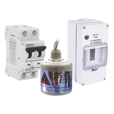 Kit de Centro de Carga Para Corriente Directa, Breaker de hasta  800 Vcc de 16 A con Supresor de Descargas Atmosféricas.