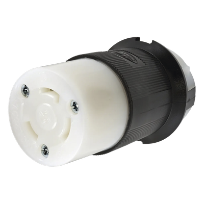 Conector Industrial con Bloqueo de Media Vuelta / 30 A 250 V CA / 2 Polos 3 Hilos / Color Blanco y Negro / Nema L6-30R. 