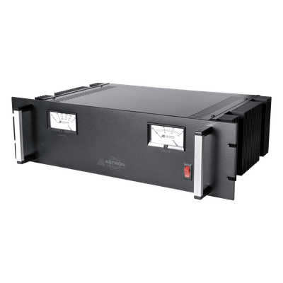 Fuente de poder 13.8Vcc, 50A, lineal regulada con circuito cargador de baterías, medidores, para instalación en rack