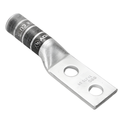 Zapata Terminal de Compresión de Barril Largo con Doble Ojillo para Tornillo 1/4" y Cable 6 AWG / Espaciado de 5/8".