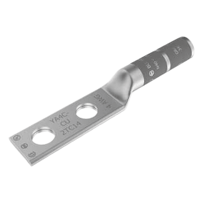 Zapata Terminal de Compresión de Barril Largo con Doble Ojillo para Tornillo 1/4" y Cable 4 AWG / Espaciado de 5/8".