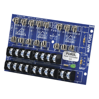 Tablero distribuidor de voltaje, 8 salidas con fusible de protección. Para uso con Fuentes de poder ALTRONIX.