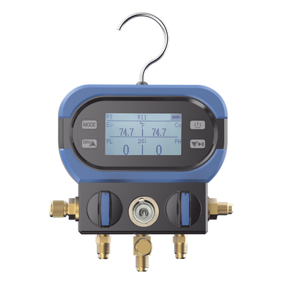 Manifold Digital DMAA 2 Válvulas / Sensor Digital Alta Precisión / Pantalla LCD Retroiluminada / Rango -14 a 800 psi (55 bar) / Compatibilidad Múltiples Refrigerantes / Diseño Anti-Caídas / Incluye 3 Mangueras y Adaptado