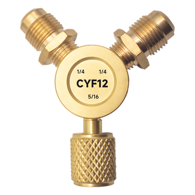 Conector Y CYF12 para Sistemas de Refrigeración / 2 Entradas 1/4" Macho Flare / 1 Salida 5/16" Hembra Flare / Recuperación Rápida y Evacuación / Material Metálico Resistente