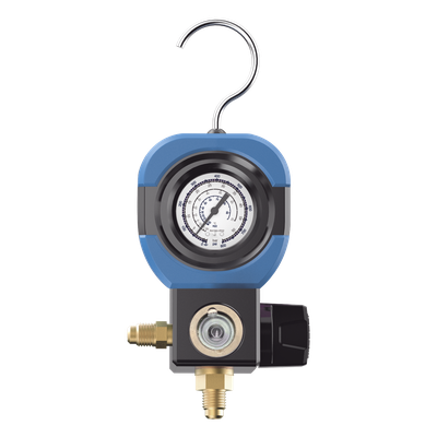 Manifold de Refrigeración AM1V 1 Válvula / Escala Compatible R22 R32/R410A R404A R407C / Interfaz 1/4" SAE / Diámetro 90 mm / Rango de Presión -30 inHg - 500 psi / Diseño Integrado Resistente a Impactos