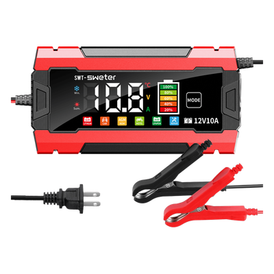 Cargador Inteligente Automático 3 Etapas / 12V 10A / Para Motocicleta, Auto, ATV / Baterías AGM, GEL, SLA, WET, DEEP CYCLE, Litio 12.6V, LiFePO4 14.6V / LCD / Protección Inversa Polaridad