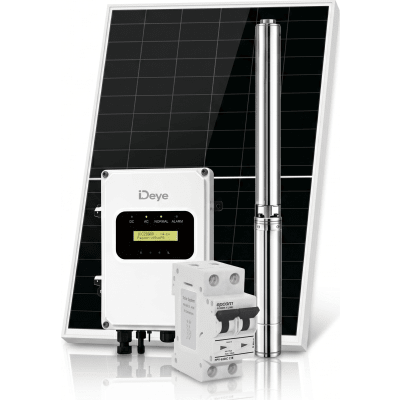 Kit de Bombeo Solar 2200W (3 HP) / Bomba Sumergible con Controlador Híbrido AC/DC 136-264VAC / 108-403VCD / 5 Módulos Solares 540W / Interruptor Termomagnético 2P 20A 800V CC / Protector de Descargas Atmosféricas / Gabinete IP6