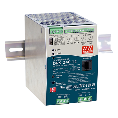 Fuente de Poder Industrial de 240W con Cargador de Baterías, salida 12Vcc, 20A, para montaje Riel Din