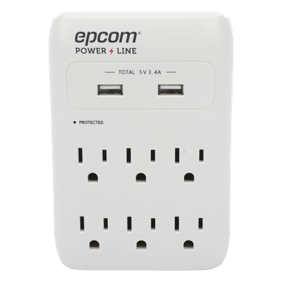 Multicontacto de Pared 110 Vca / Supresor de Picos 1080 Joules / 6 x Nema 5-15P / 2 x USB (5V @3.4A) 
