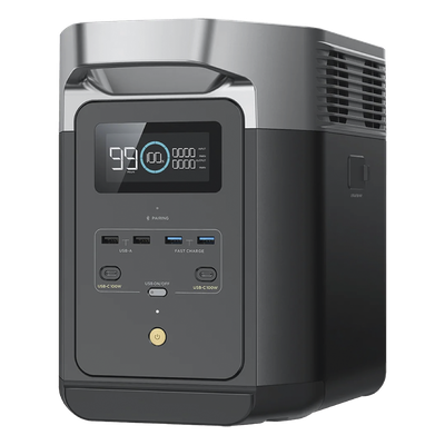 Estación de Energía Portátil Delta 2 1024Wh Litio LFP / 6 AC 1800 W (Max. 2200W) / 2 USB-C 100W / Capacidad para Aumentar Respaldo / Cargador de Coche 10A a 12.6V / Conectividad WiFi y Bluetooth (App) / Carga Solar 500W Max.