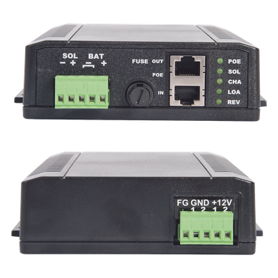 Controlador Solar POE, Entrada 12 Vcc Hasta un Panel Solar de 125 Watts, Salida PoE Pasivo en 24 Vcc Hasta 20 Watts Máximo.