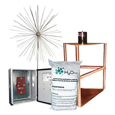 Kit de Punta tipo Erizo con Electrodo, Acoplador y Mejorador de Terreno H2OHM.