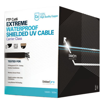 Bobina de Cable de 305 Metros (1000 Pies) Cat6+ Calibre 23 Exterior Blindado Tipo FTP para Climas Extremos, UL, Color Negro