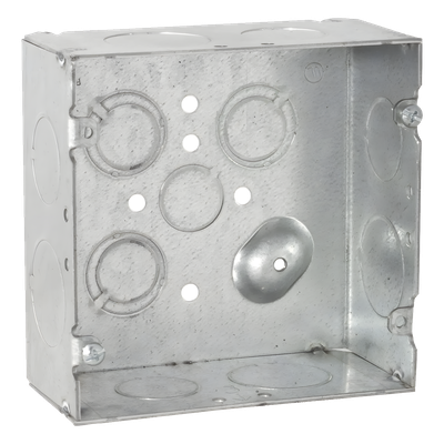 Caja Cuadrada 4 11/16" x 4 11/16"/ Profundidad 2- 1/8"/ 4 Entradas 1", 4 Entradas 3/4", 1 Entrada 1/2" y 3 TKO (1/2"-3/4").