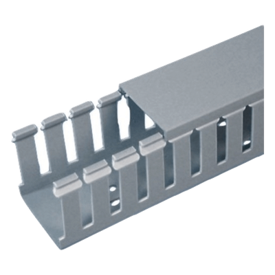 Canaleta Ranurada de PVC con Tapa, Tipo F, 82.6 mm de Ancho, 79.2 mm de Alto y 2 m de Largo, Color Gris