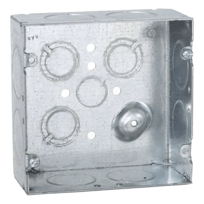 Caja Cuadrada 4 11/16 x 4 11/16"/ Profundidad 2- 1/8"/ Cuenta con 1 Entrada de 1/2", 8 de 1" y  3 TKO  (1/2"-3/4").