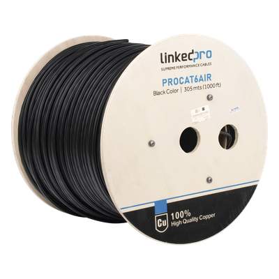Bobina de Cable FTP con Mensajero de Acero de 305 Metros (1000 Pies) Cat6+ Calibre 23, Color Negro, para Aplicaciones en Video Vigilancia y Redes de Datos / Uso en Intemperie y Aplicaciones Aéreas