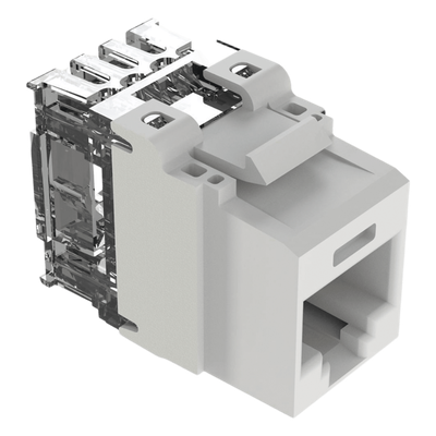 Conector Jack Estilo 110 (de Impacto), Tipo Keystone, Categoría 6A, de 8 Posiciones y 8 Cables, Color Blanco
