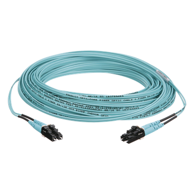 Jumper de Fibra Optica Multimodo 50/125 OM3, LC-LC Duplex, OFNR (Riser), Color Aqua, 30 Metros (98.43 Pies)