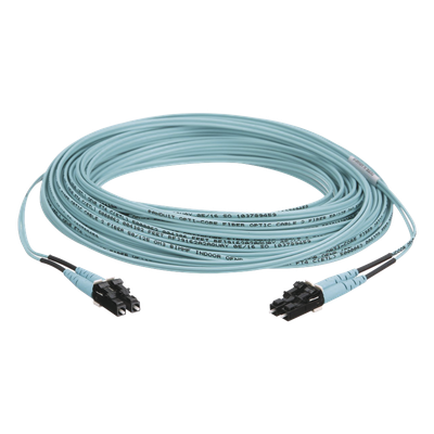 Jumper de Fibra Optica Multimodo 50/125 OM3, LC-LC Duplex, OFNR (Riser), Color Aqua, 50 Metros (164.04 Pies)