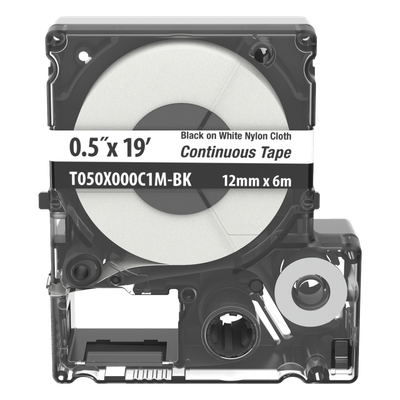 Casete de Etiquetas de Nylon de Cinta Continua, Color Negro Sobre Blanco, Uso Interior/Exterior, 12 (0.5 Pulgadas) mm de Ancho x 6 Metros (19.69 Pies) de Largo