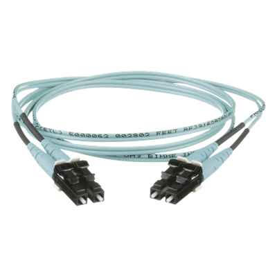 Jumper de Fibra Optica Multimodo 50/125 OM3, LC-LC Duplex, OFNR (Riser), Color Aqua, 8 Metros (26.25 Pies)