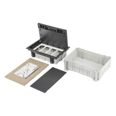 Caja Para Instalación en Pavimento para Voz, Datos o Contactos Eléctricos / Capacidad para 4 Módulos / Espacio Embellecedor en la Tapa / Profundidad Ajustable de 70 a 100 mm (2.76 a 3.94 pulgadas) / Los Módulos se Adquieren Aparte / Incluye Registro