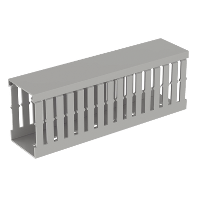 CANALETA RANURADA DE PVC CON TAPA, TIPO F, 49.5 MM DE ANCHO, 72.4 MM DE ALTO Y 2 M DE LARGO, COLOR GRIS
