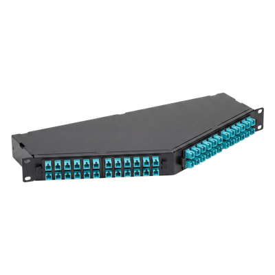 Panel de Fibra Óptica de Alta Densidad, Para Fibra Multimodo OM4, Con 8 Cassettes de 12 Conectores LC a 1 MPO Angulados (96 Fibras), de 19 in