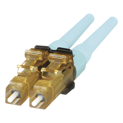 Conector de Fibra Óptica LC Duplex OptiCam, Multimodo 50/125 OM3/OM4, Pre-pulido, Color Aqua