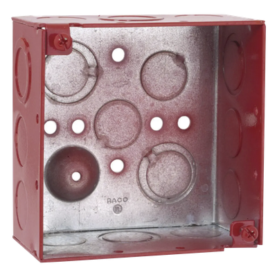 Caja Cuadrada Galvanizada  de 4" /Profundidad de 2 1/8" / Cuenta con 11 KO de 1/2" y 6 TKO (1/2" - 3/4")/ Color Rojo.