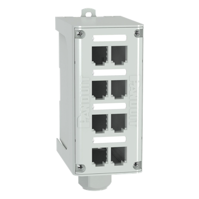 Panel de Parcheo Modular para Fibra Óptica, de Instalación en Riel DIN Estándar de 35mm, 8 Puertos Mini-Com, Color Gris